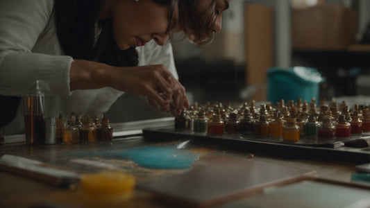 Person in a white sweater leans over a table, arranging small glass jars of colorful pigments on a tray.