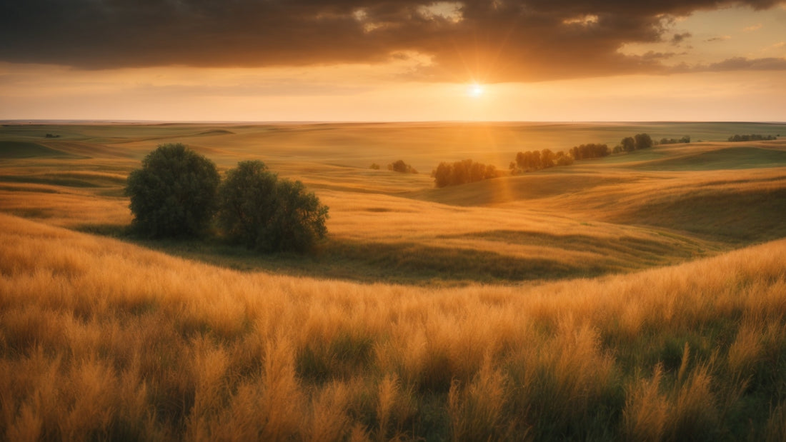 Sunset over the Ukrainian Steppe, featuring rolling hills and golden grasslands. The horizon stretches endlessly, with a few clusters of trees dotting the landscape. 