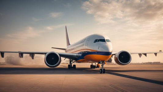 Commercial airplane taxiing on the runway at an airport during sunset, preparing for takeoff with a clear sky in the background.