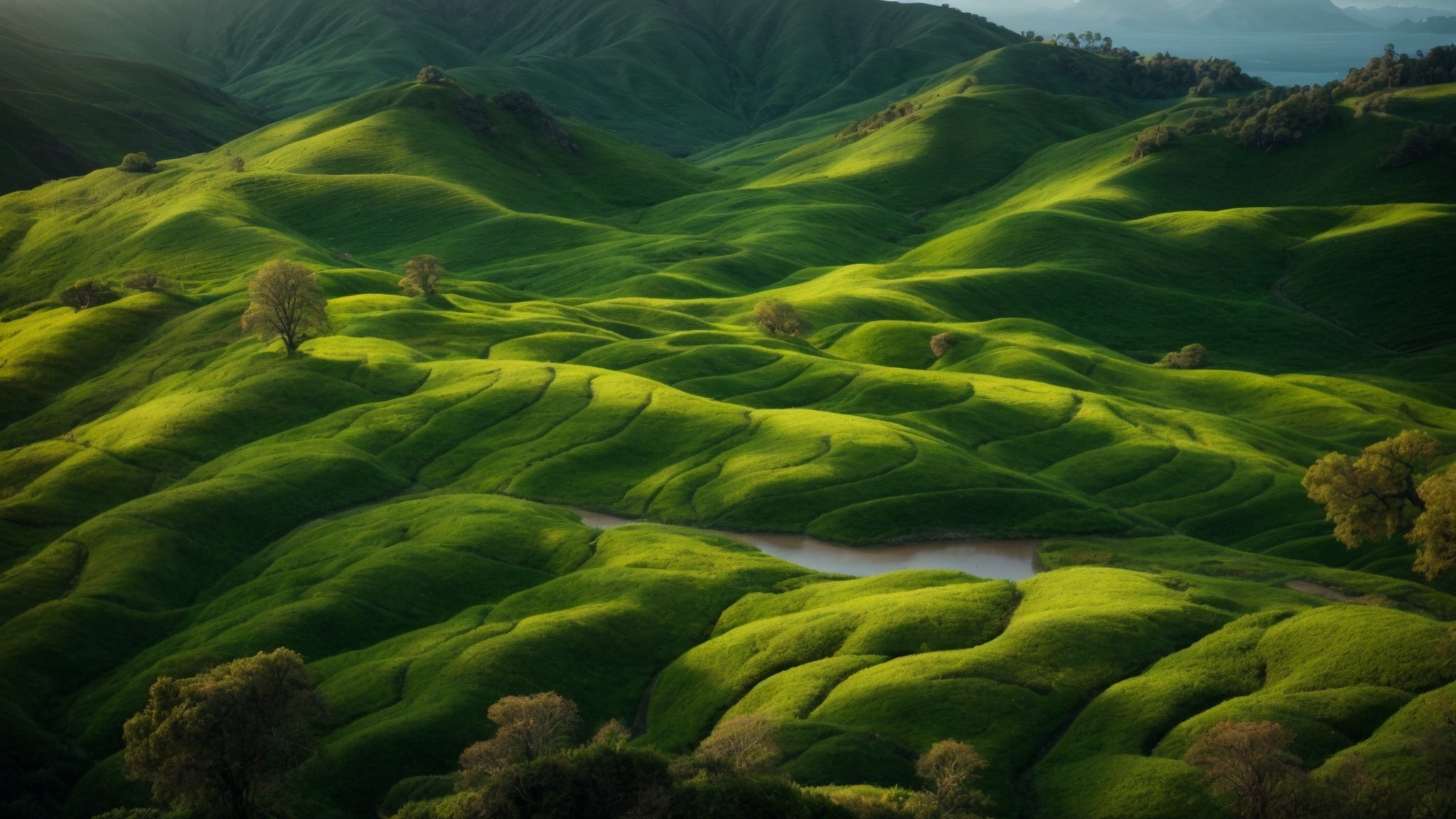 Aerial view of bright green rolling hills with scattered trees and a winding dirt path.