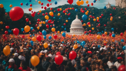 A dense crowd releases numerous colorful balloons in front of the U.S. Capitol, with hills behind.
