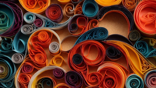 A vibrant and intricate collection of quilled paper designs in various colors and shapes. The image showcases tightly rolled coils, loose spirals, and scrolls in shades of red, orange, yellow, blue, and purple.