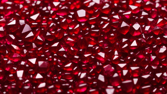 A close-up view of a collection of faceted rubies, showcasing their intense red hues and exceptional brilliance. The gemstones are cut in various shapes, highlighting their clarity and vivid color. 