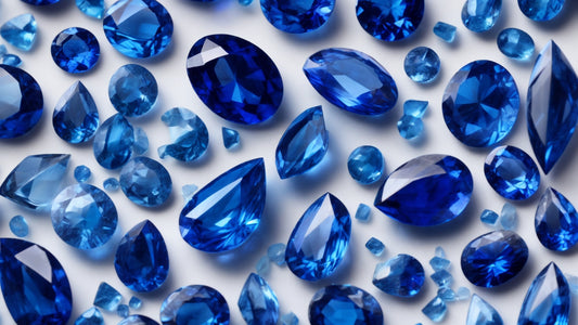 A close-up view of various faceted blue sapphires, showcasing their vibrant and rich hues. The gemstones are cut in a range of shapes, including ovals, pears, and rounds, highlighting their dazzling brilliance and clarity. 