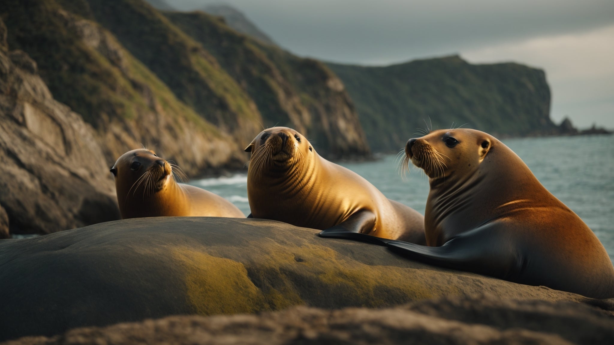 Three sea lions resting on a rock by the coastline, with a backdrop of rugged cliffs and ocean waves