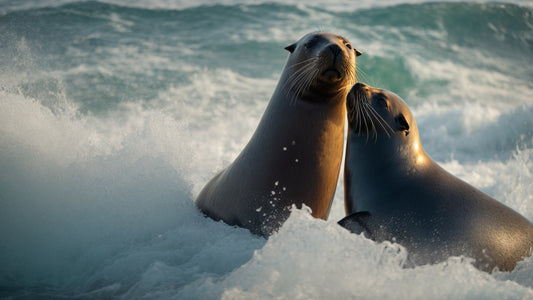 Two sea lions playfully interacting in the ocean waves, showcasing their distinctive external ear flaps and whiskers against a backdrop of turbulent water.