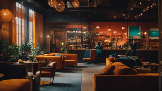 Interior of a dimly lit cafe with orange sofas, green plants, and illuminated bar counter, pendant globes overhead.