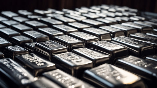 A close-up view of neatly stacked silver bars, showcasing their shiny, reflective surfaces. The bars are uniform in size and shape, with visible markings indicating their purity and weight.