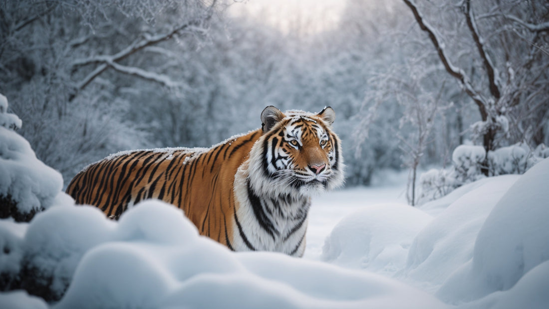 Majestic tiger standing in a snowy forest, surrounded by snow-covered trees and ground.