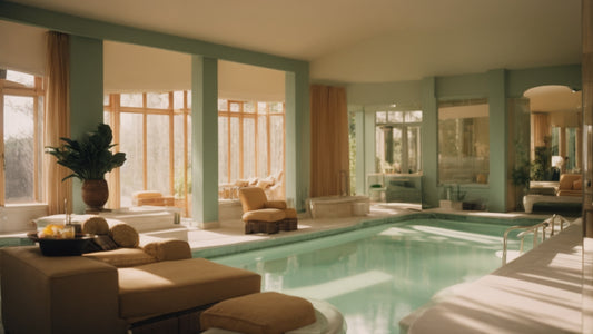 A serene indoor spa with a luxurious pool surrounded by comfortable lounge chairs. The room features large windows allowing natural light to flood in, creating a relaxing and tranquil ambiance. 