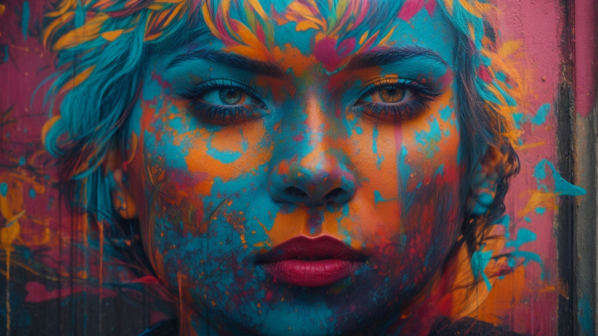 Close-up of a person's face covered in blue, orange, pink paint splatters against a colorful mural background.