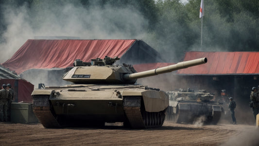 T-14 Armata tank on display at a military exhibition, with red tents and soldiers in the background, showcasing its advanced design and powerful main gun.