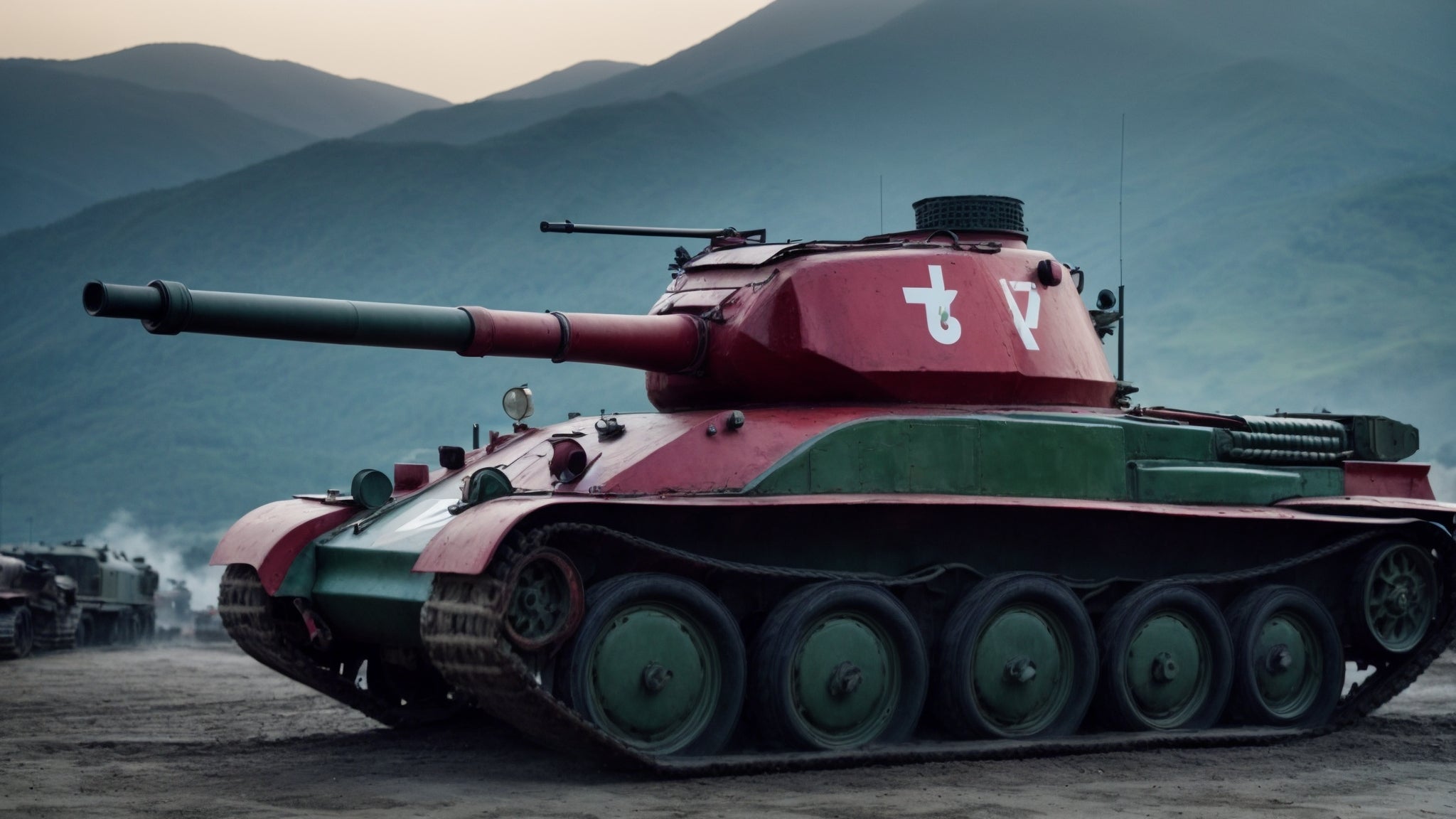 A T-34 tank with red and green camouflage, positioned in front of mountainous terrain under an overcast sky.