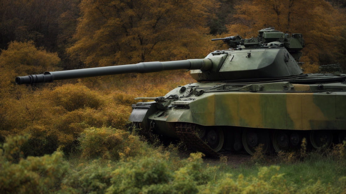 T-90 tank with camouflage, positioned in a dense forest area, showcasing its long 125mm smoothbore gun and robust armored design.