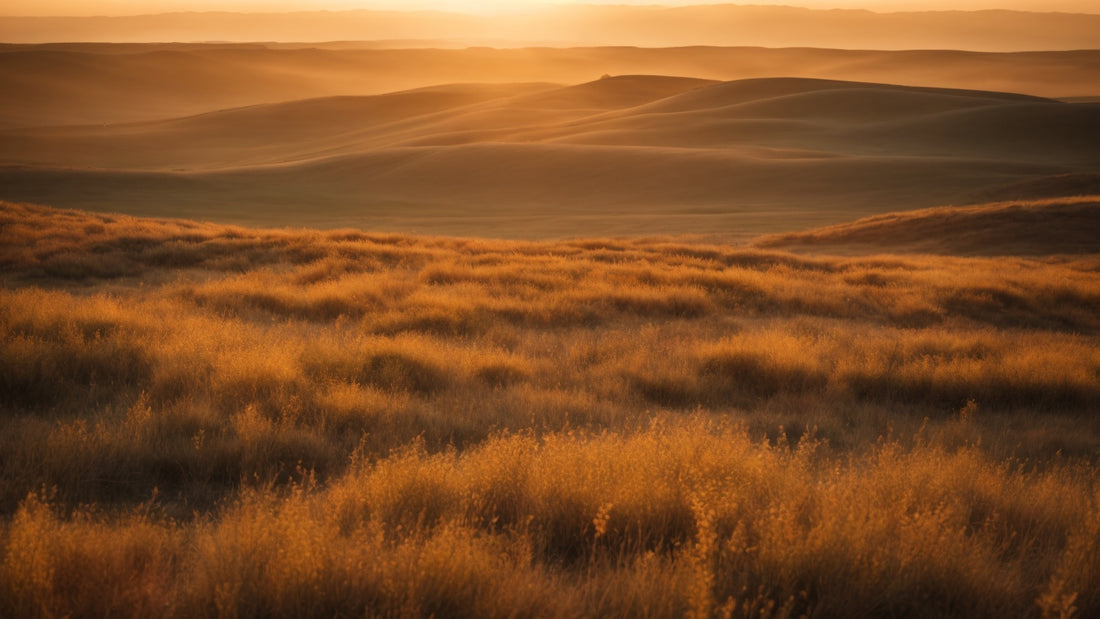  the Eurasian Steppe during a sunset, with golden grasses stretching out across the vast, undulating landscape. 