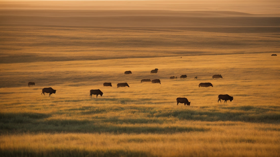 the Great Plains of North America at sunset, featuring a herd of bison grazing on the golden grasslands. The vast expanse of the plains stretches out to the horizon, bathed in warm, golden light, creating a serene and picturesque scene. 