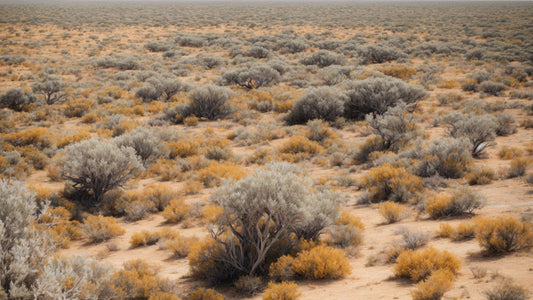 Expansive view of the Nullarbor Plain showcasing its flat, arid terrain dotted with low-lying shrubs and sparse vegetation, under a hazy sky.