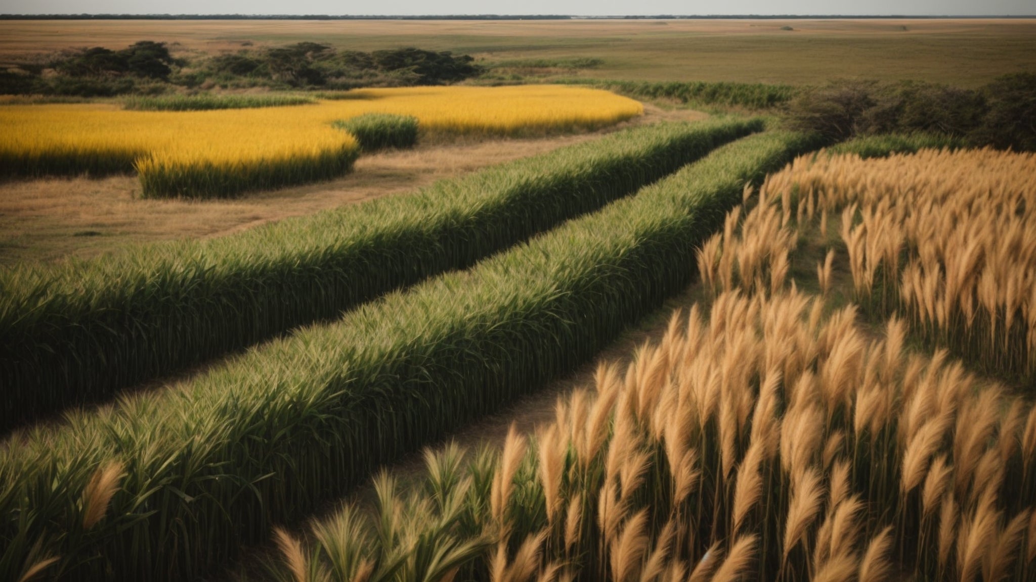 depicts the lush, fertile fields of the Argentine Pampas, showcasing rows of tall, green grass and golden pampas grass swaying in the breeze. 
