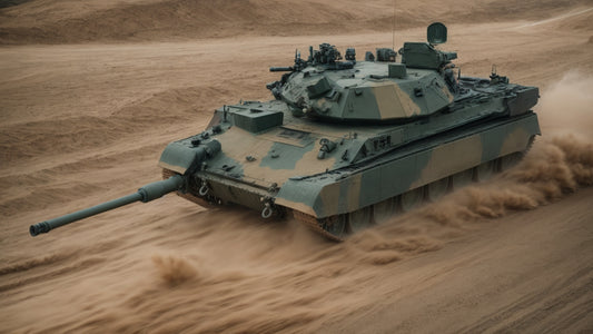 Merkava tank driving through a desert terrain, kicking up dust, showcasing its advanced armor and powerful 120mm smoothbore gun.