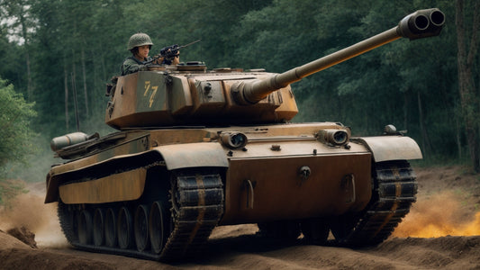 A World War II-era Tiger tank maneuvers through a forest, showcasing its powerful 88mm gun and formidable armor. A soldier is visible on top, highlighting its readiness for combat in rugged terrain.