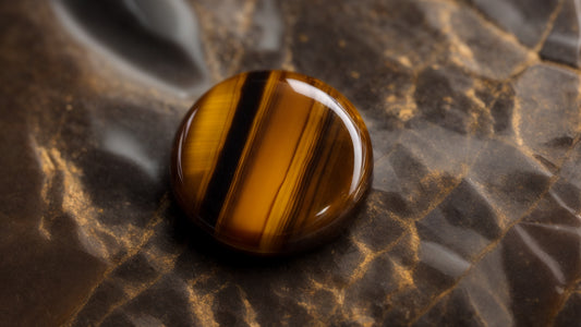 A polished Tigers Eye gemstone displaying its characteristic golden-brown color and distinctive chatoyancy, with bands of light creating a striking effect on its smooth, rounded surface, set against a textured background.