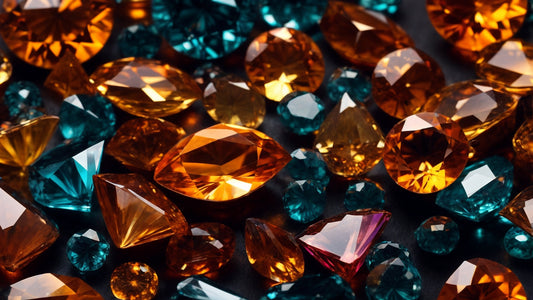 A close-up view of various faceted Topaz gemstones in vibrant shades of orange and teal. The gemstones are cut in different shapes, including ovals, rounds, and pears, highlighting their exceptional clarity and brilliance. 