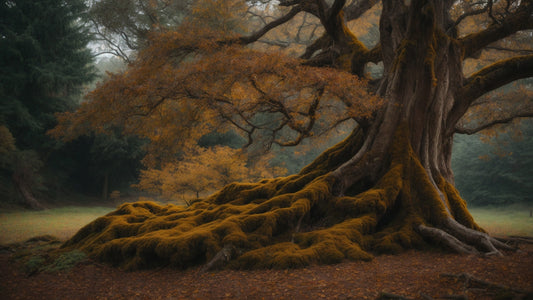 An intricately shaped ancient tree with sprawling, moss-covered roots and a majestic canopy in a serene forest setting.