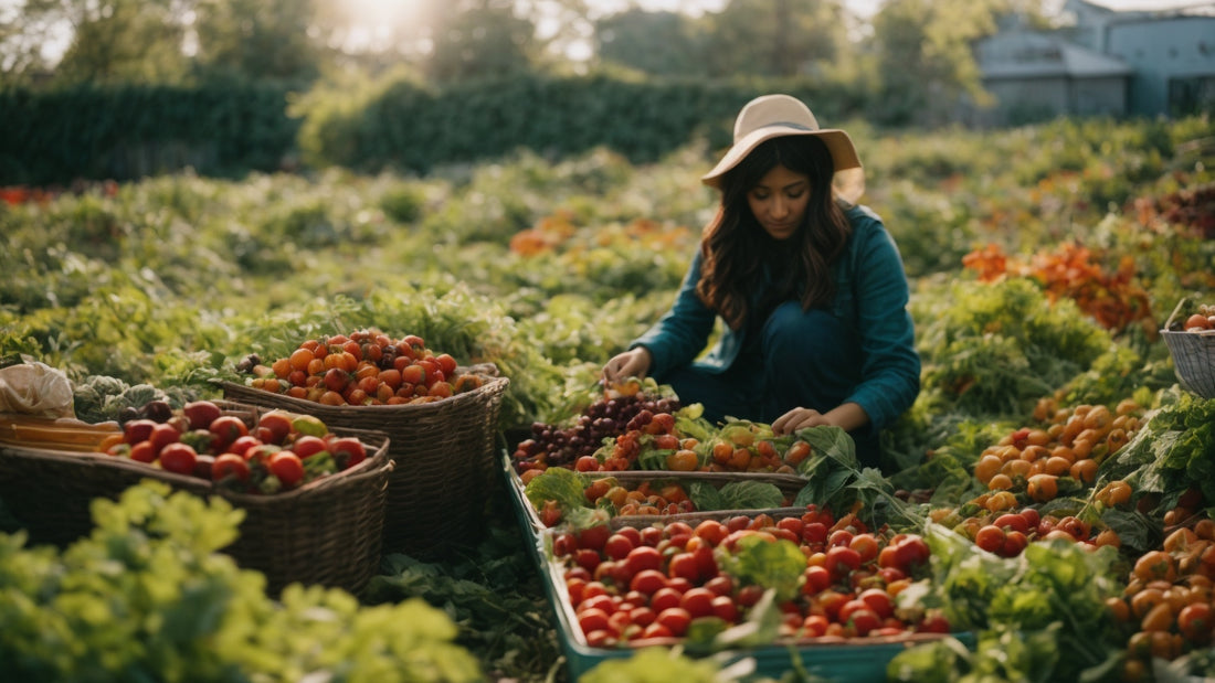 Young woman harvesting a variety of fresh vegetables in a lush urban garden, surrounded by baskets of tomatoes and greens.