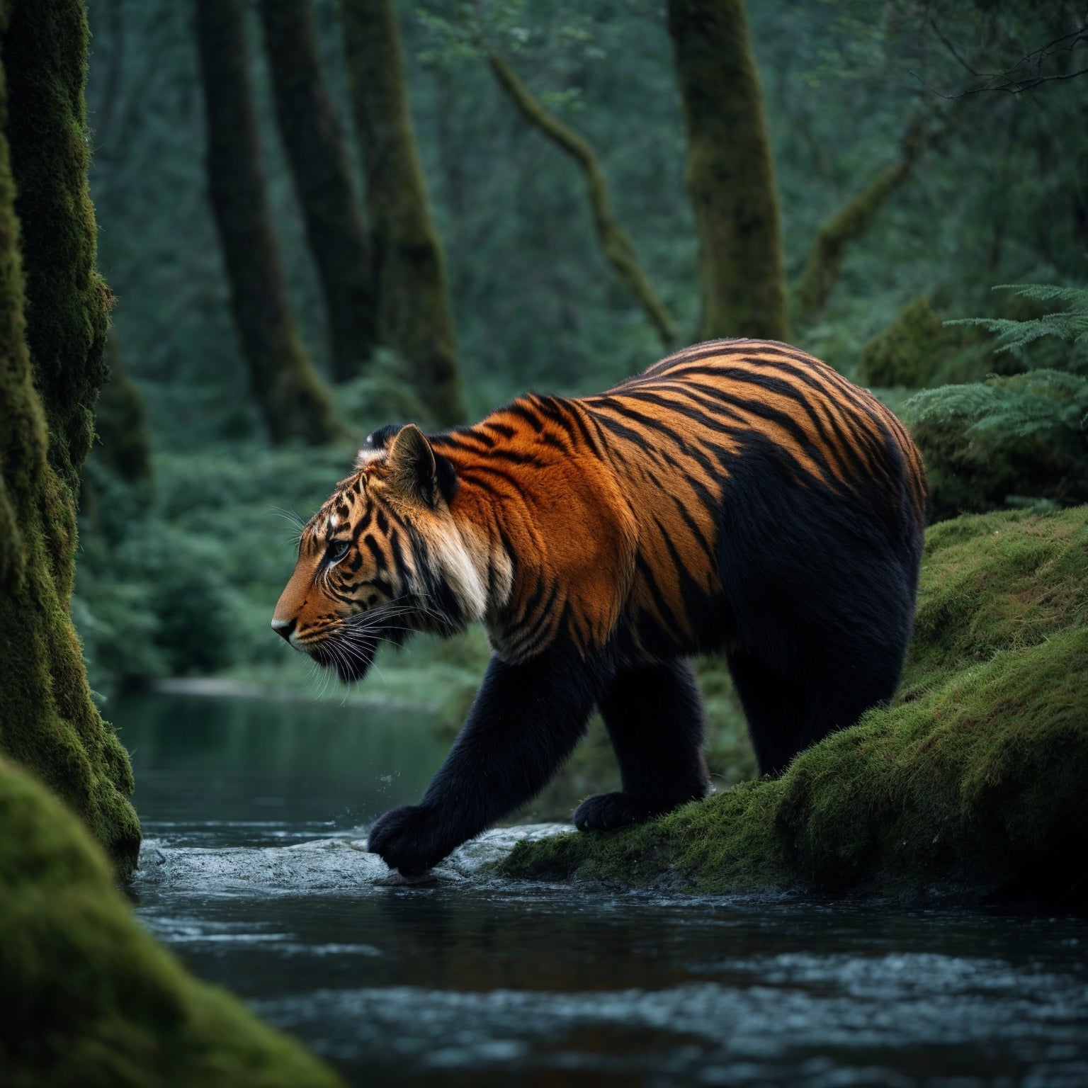 Adult tiger with orange and black stripes steps