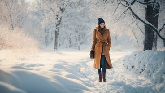 A woman walks through a snowy forest wearing a stylish brown wool coat, blue jeans, and brown boots. She completes her winter look with a black beanie and a matching brown handbag, exuding effortless elegance amidst the winter landscape.