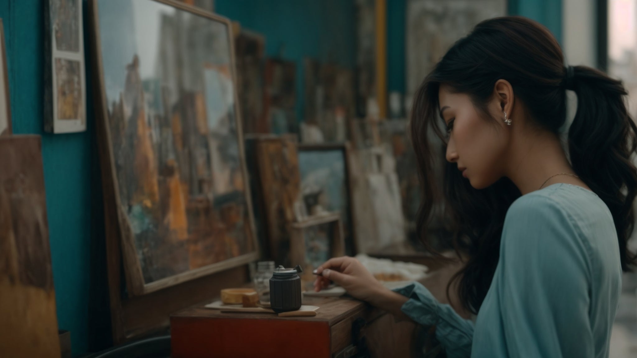 Young woman with long dark hair in a light blue blouse paints at an outdoor studio, surrounded by framed canvases and art supplies.