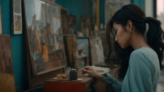 Young woman with long dark hair in a light blue blouse paints at an outdoor studio, surrounded by framed canvases and art supplies.