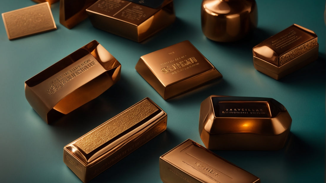 A collection of bronze bars of various shapes and sizes, displayed on a teal surface, showcasing their polished, reflective surfaces and engraved markings.