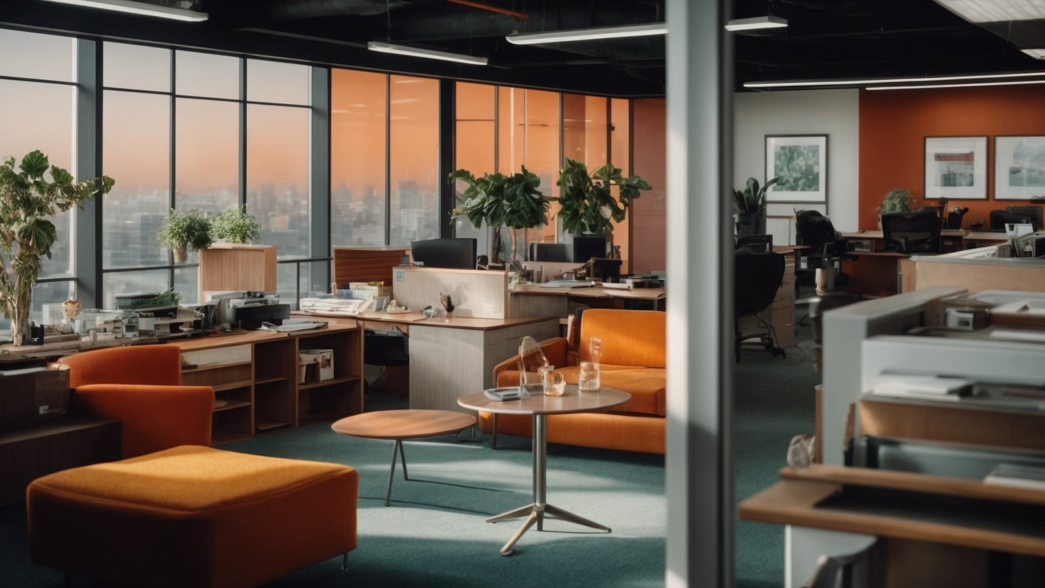 Spacious modern office with large windows, natural light, and city view. The office features multiple workstations, comfortable orange seating, wooden desks, and indoor plants, creating a productive and inviting work environment.