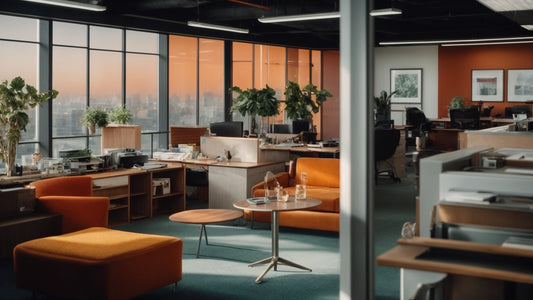 Spacious modern office with large windows, natural light, and city view. The office features multiple workstations, comfortable orange seating, wooden desks, and indoor plants, creating a productive and inviting work environment.