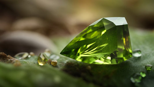 Close-up of a sparkling, faceted peridot gemstone with an olive-green hue, placed on a natural leaf background with dewdrops visible.