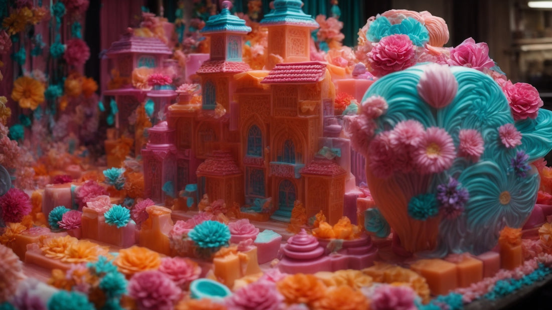 A detailed and colorful soap carving depicting an elaborate castle surrounded by lush, floral designs in vibrant shades of pink, orange, turquoise, and green.