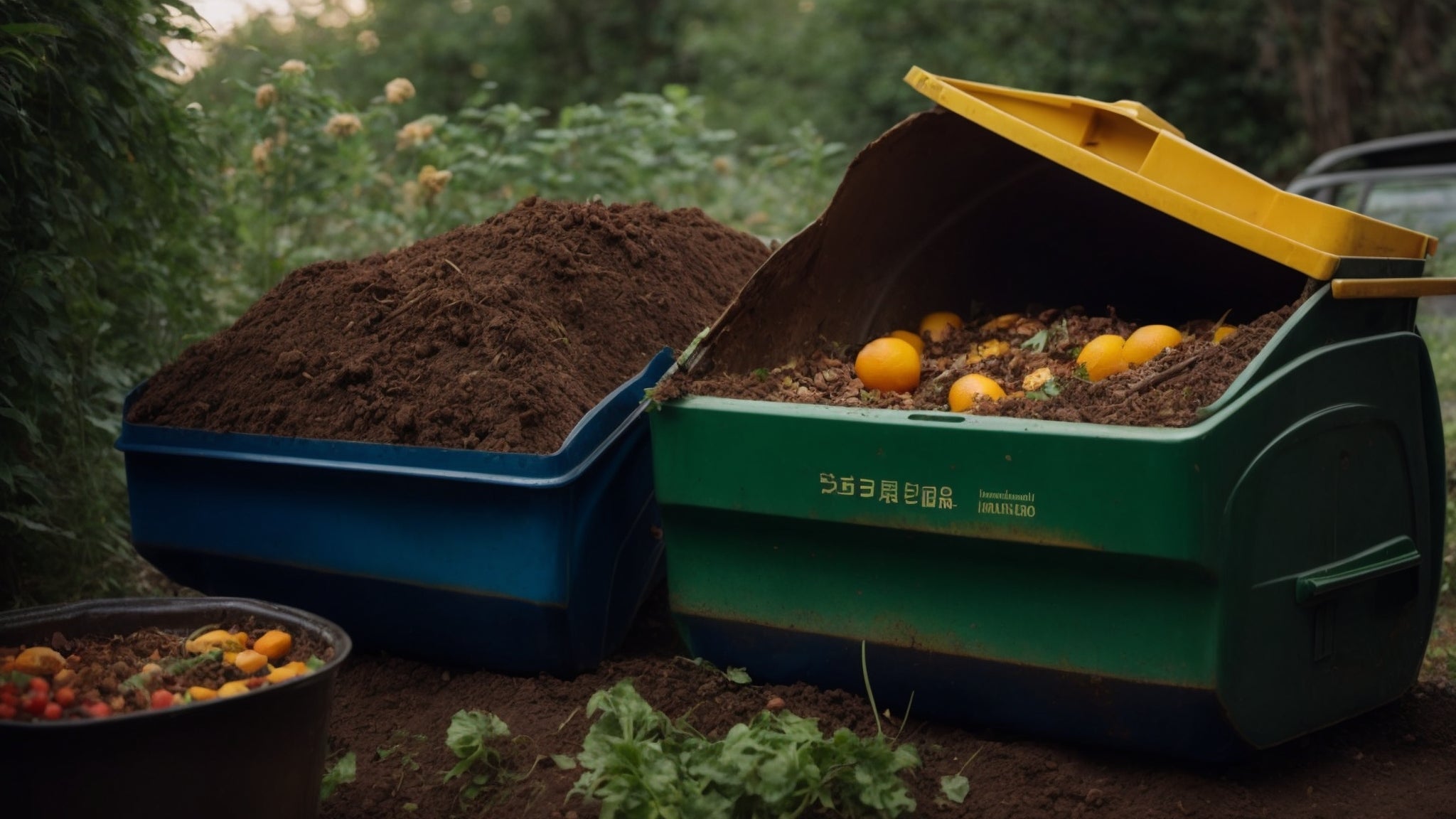 Outdoor composting setup with two large compost bins, one green and one blue, filled with organic waste and soil. The green bin is open, revealing decomposing vegetables and fruits, including oranges.