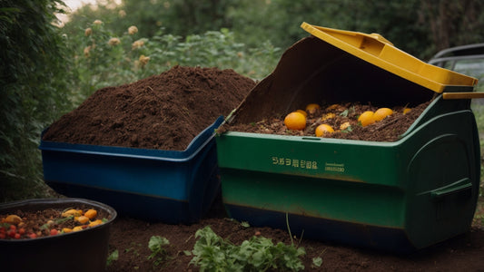 Outdoor composting setup with two large compost bins, one green and one blue, filled with organic waste and soil. The green bin is open, revealing decomposing vegetables and fruits, including oranges.