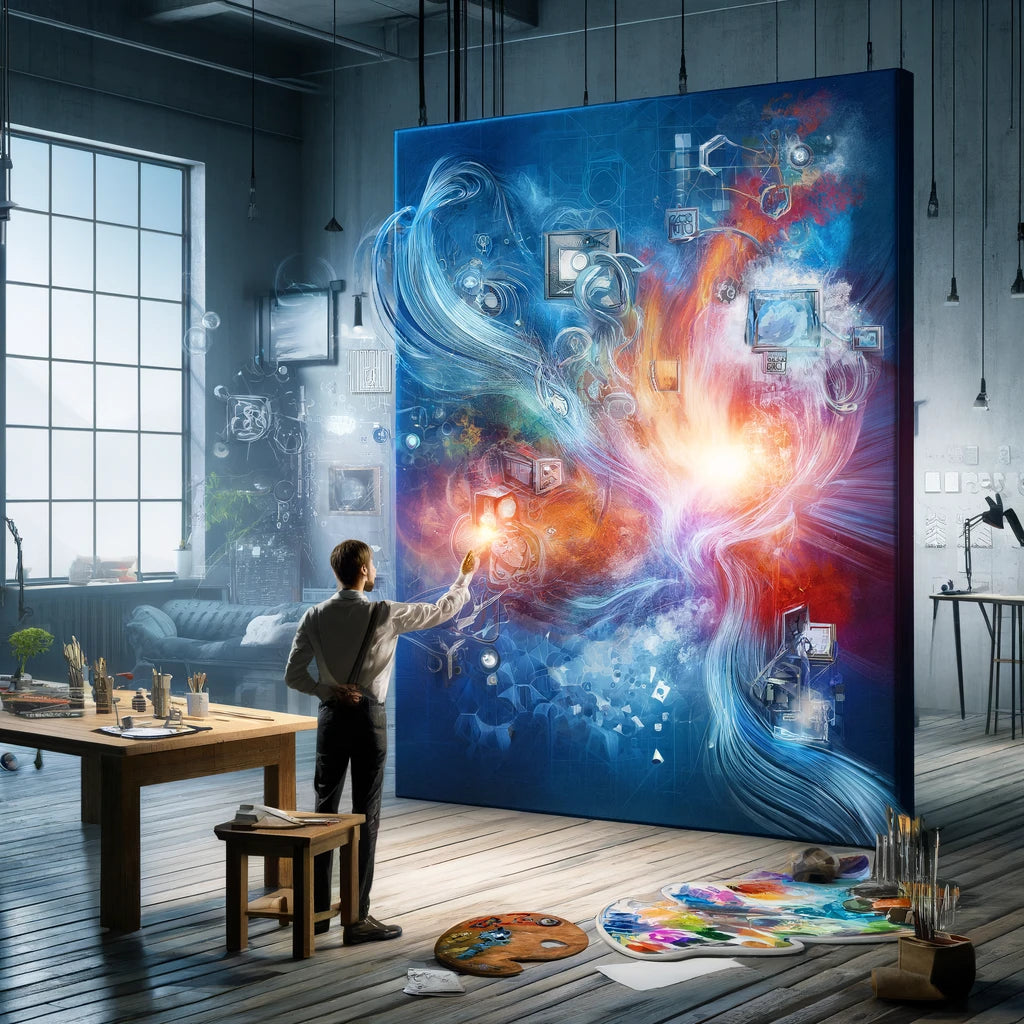 Dynamic artwork showcasing a fusion of digital graphics and traditional acrylic painting on canvas in a modern art studio.