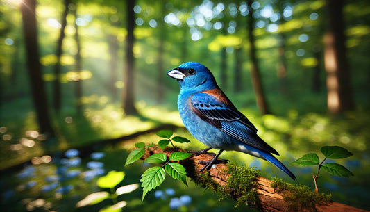 A Blue Grosbeak perched on a tree branch in a lush, open woodland. The bird has vibrant blue plumage with two brown wing bars and a large conical bill.