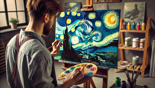 An artist painting ‘Starry Night’ by Vincent van Gogh on a canvas. The artist is focused, with a palette in one hand and a brush in the other, capturing the swirling night sky and vibrant colors of the original masterpiece. 