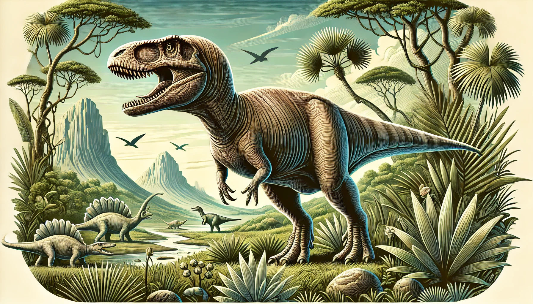 illustration of an Allosaurus standing in a prehistoric landscape. The scene captures the Allosaurus with its distinctive large skull, sharp teeth, and powerful limbs in a lush environment.
