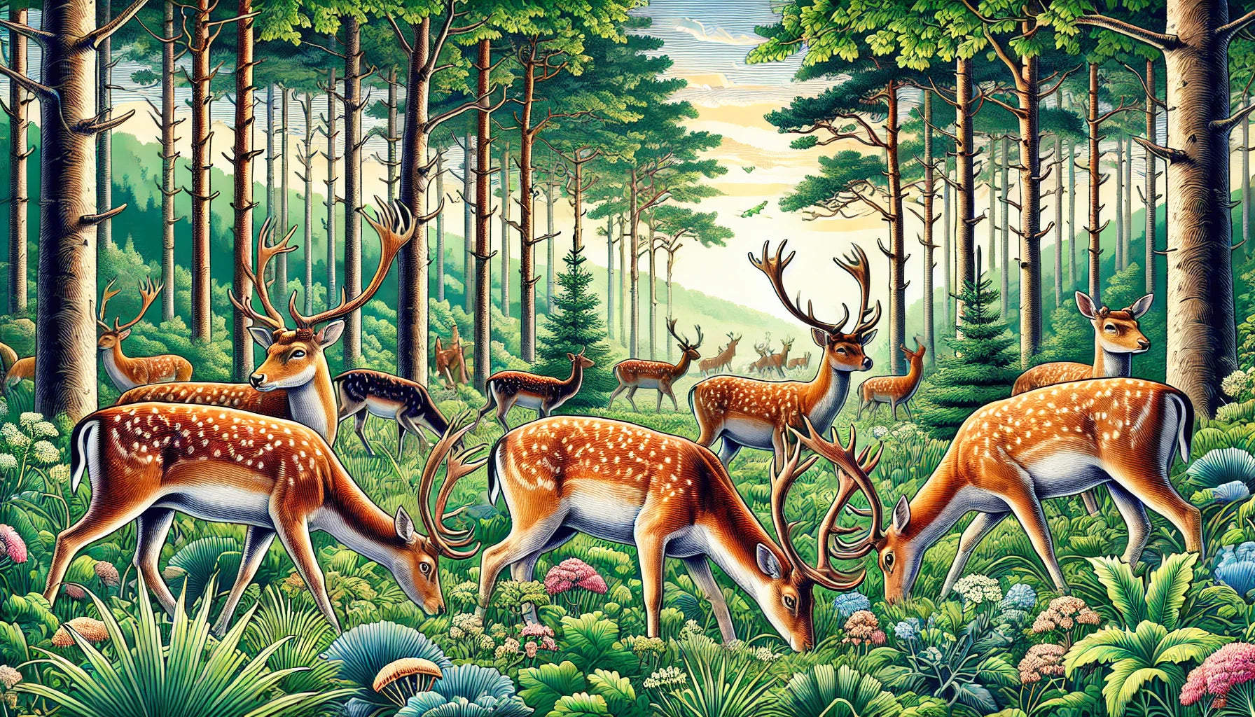 Illustration of several deer grazing and roaming in a lush forest, with tall trees and green undergrowth. The background includes sunlight filtering through the trees and a clear sky. 