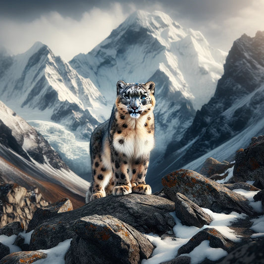 Majestic snow leopard standing on a rocky mountain terrain in the Himalayas, with snow-covered peaks in the background.