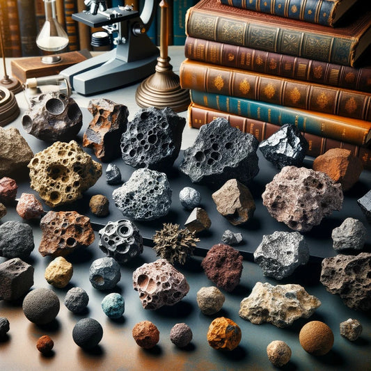 A collection of different meteorites displayed on a table, with scientific tools and books in the background, emphasizing the study of meteorites.