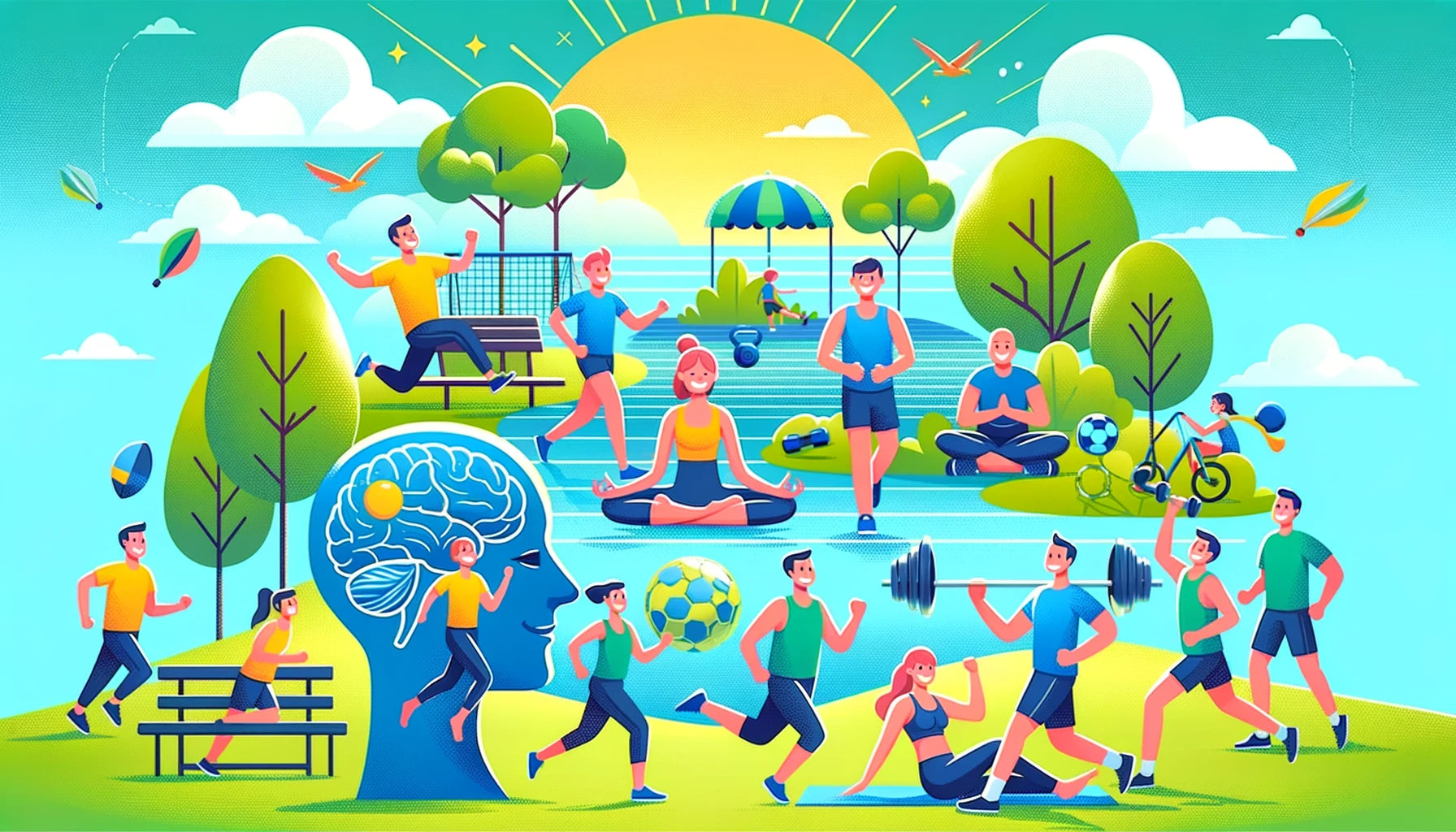 a vibrant scene of people engaging in various physical activities that promote mental health.