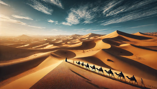 A breathtaking view of the Sahara Desert showing vast sand dunes under a clear blue sky. A camel caravan led by nomadic tribesmen traverses the dunes, illustrating the traditional way of life in the desert. 