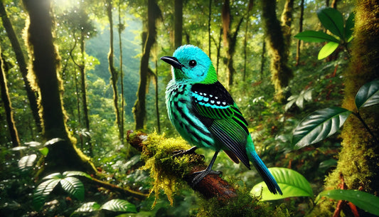 A Beryl-spangled Tanager perched on a branch in a lush montane forest. 