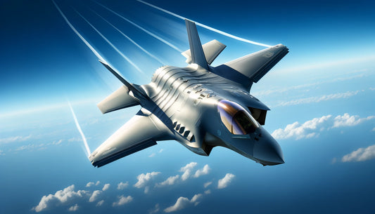 An advanced F-35 Lightning II stealth fighter jet in flight, showcasing its sleek design and cutting-edge technology against a blue sky background. 